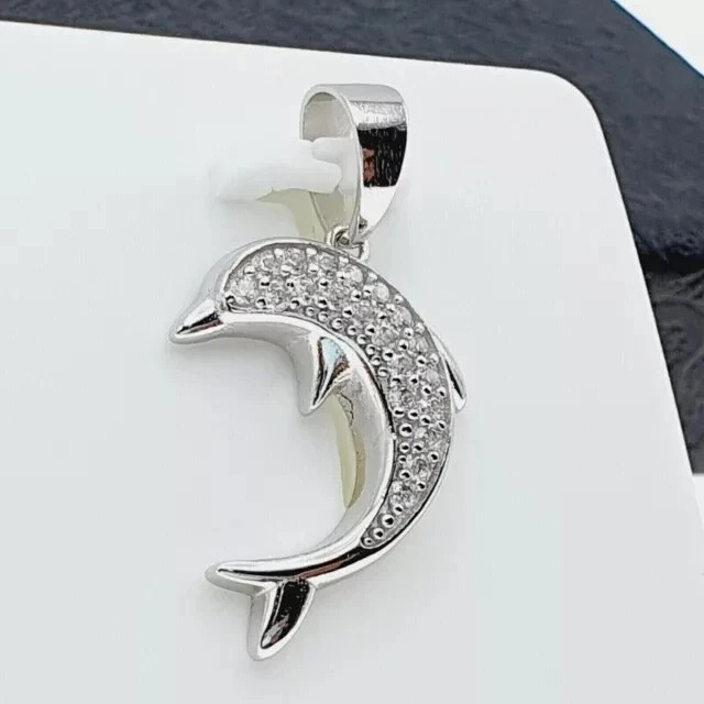 2Ct Round Cut Real Moissanite Women’s Dolphin Pendant 14k White Gold Plated 18″