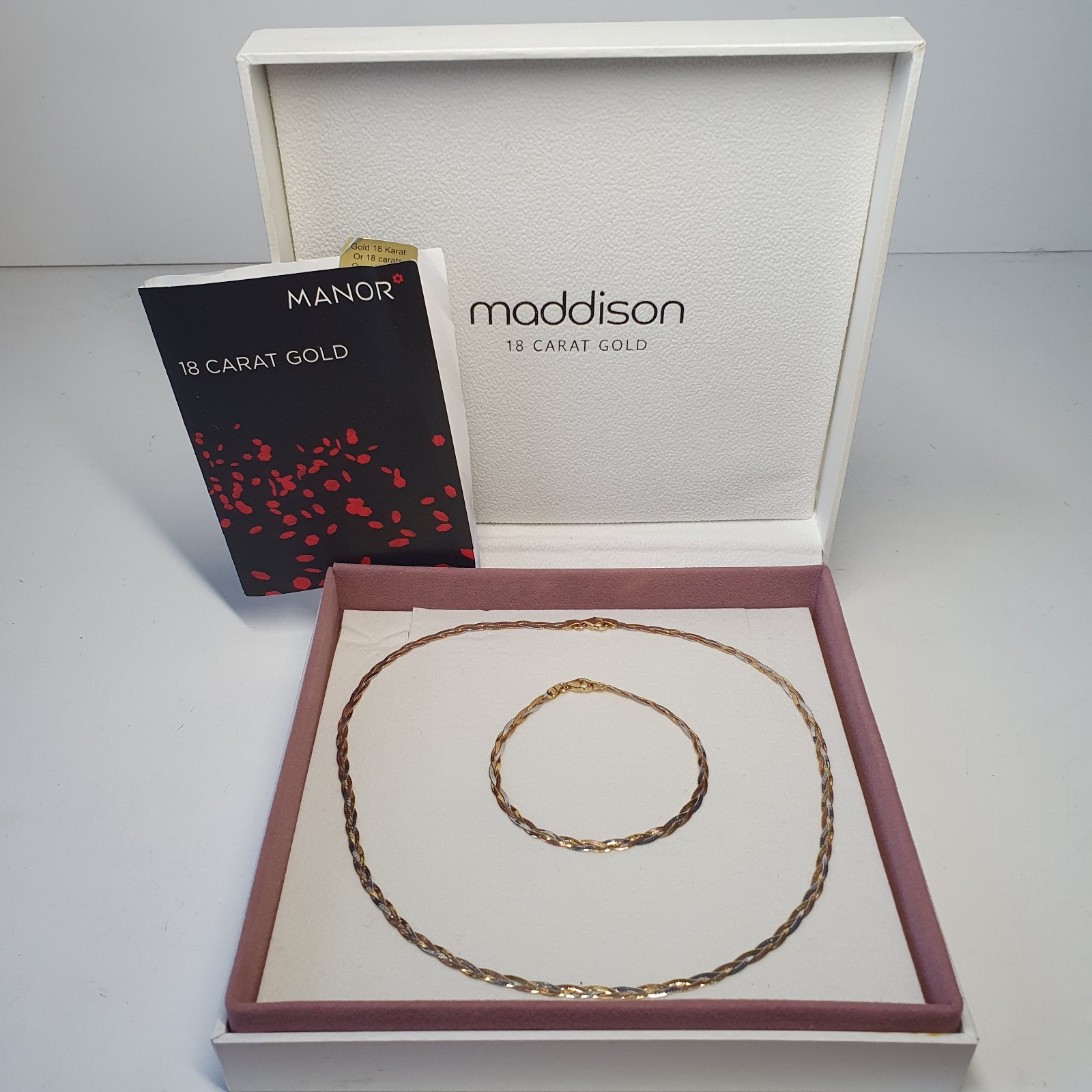 18ct 750 Gold Tri-Colour Herringbone Necklace & Bracelet Set 7.5grams Boxed VGC