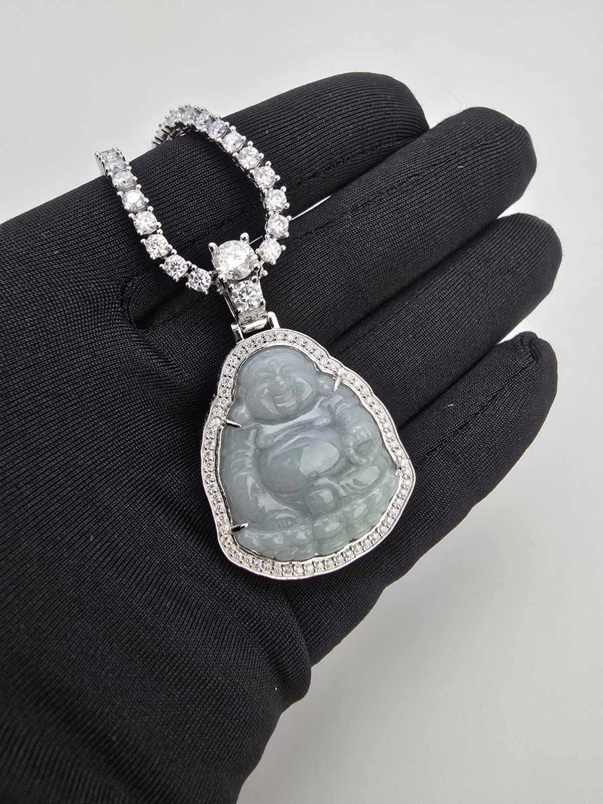 Jade Buddha Pendant Necklace VVS1 Moissanite Tennis Chain 925 Silver 22