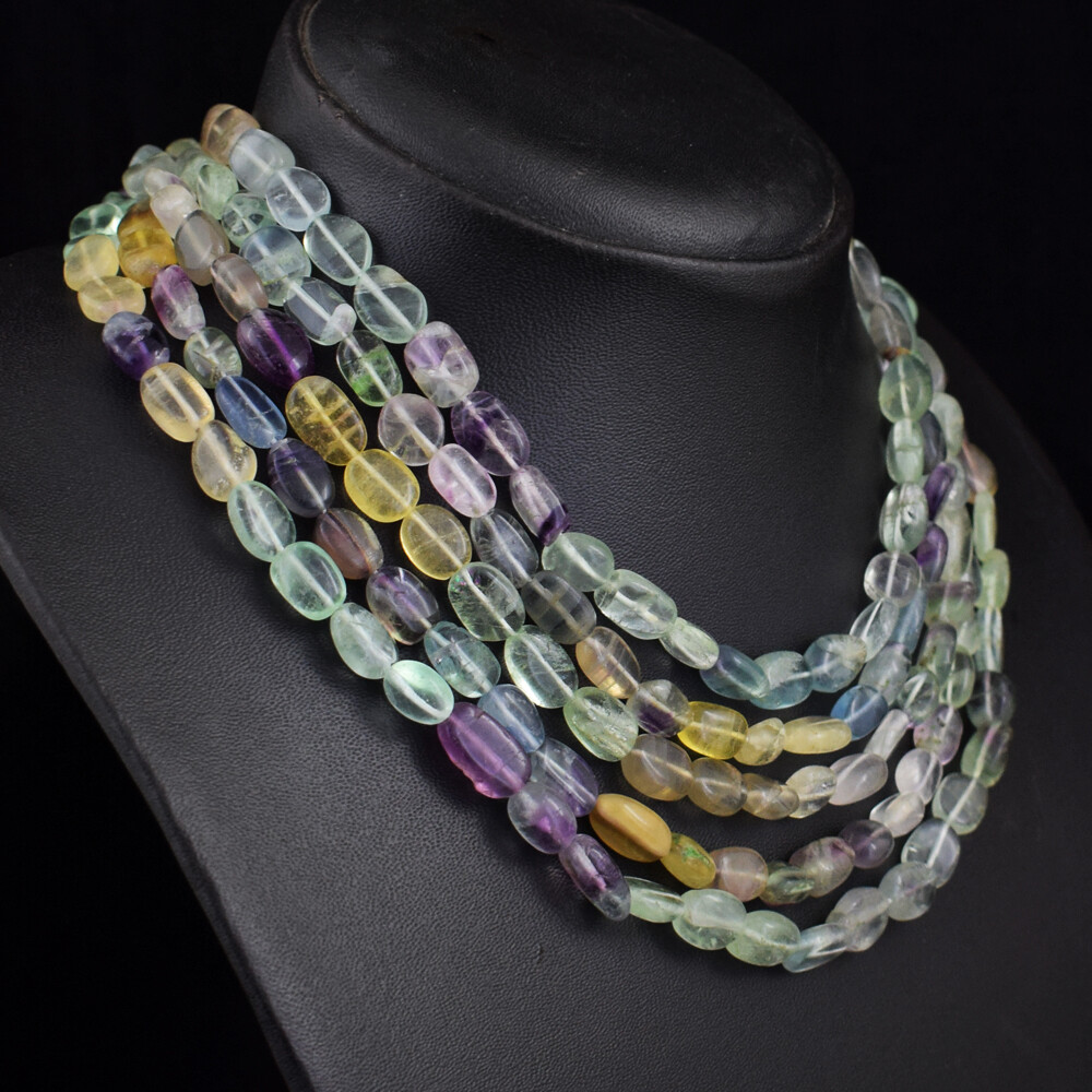 Oval Shape 717 Cts Natural 5 Strand Multicolor Fluorite Beads Necklace JK 14E391