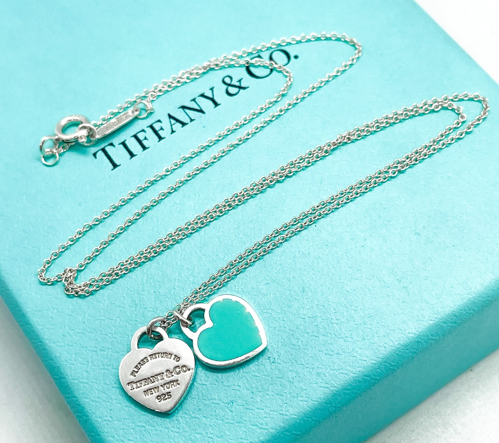 Tiffany & Co. Return to Tiffany Mini Blue Double Heart Pendant Necklace 16″