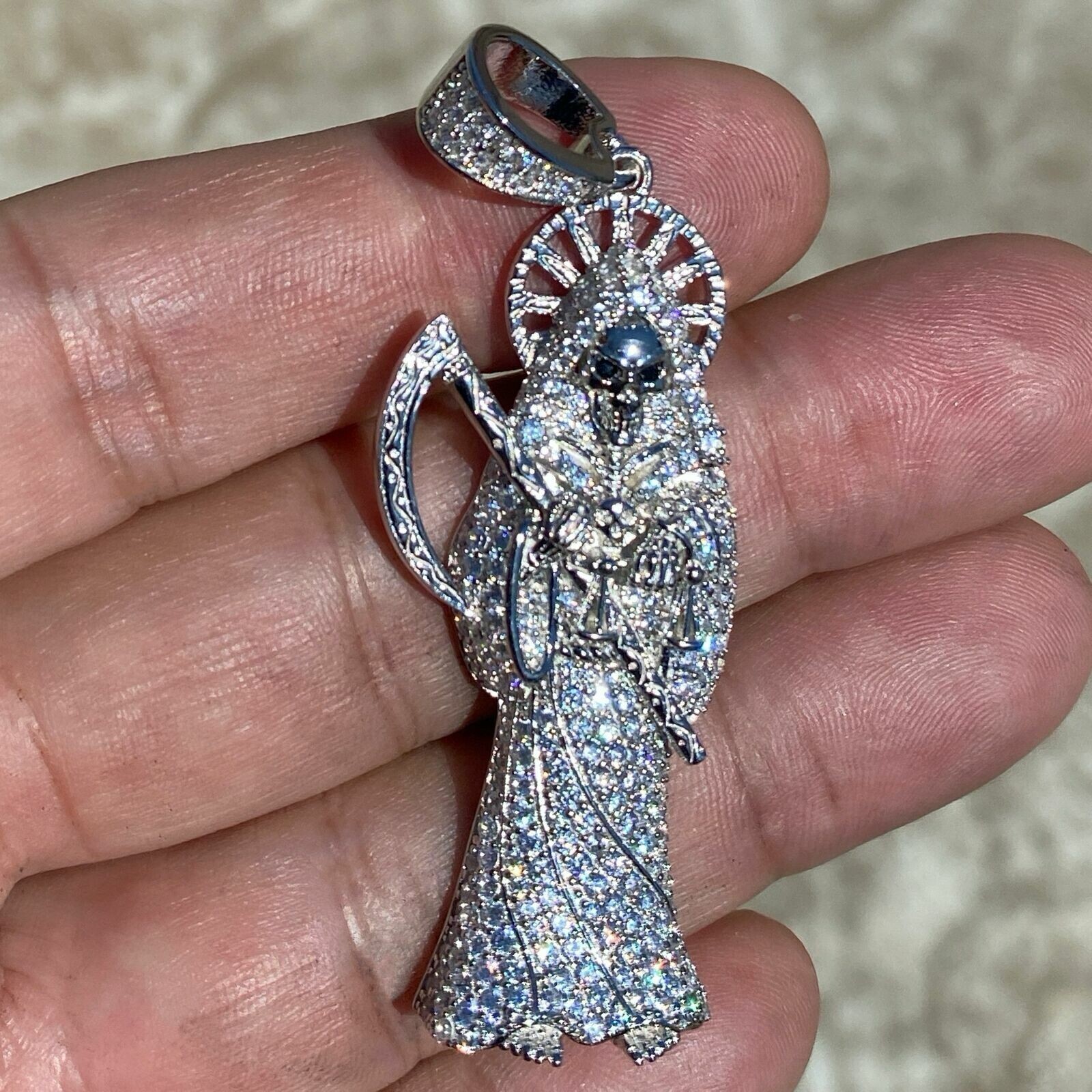 2Ct Lab Created Diamond Santa Muerte Pendant 14K White Gold Plated Free Chain