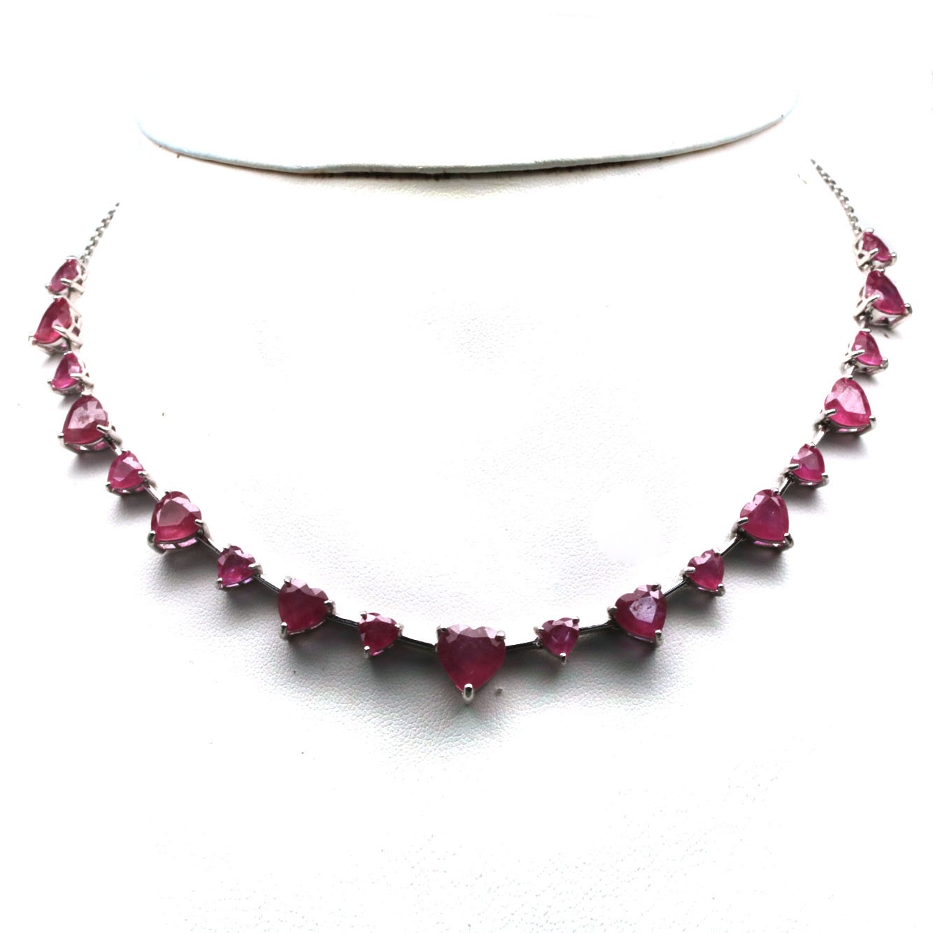 Thai Handmade White Gold Plated 10 x 10 mm. Pink Ruby Necklace 16.5 In.