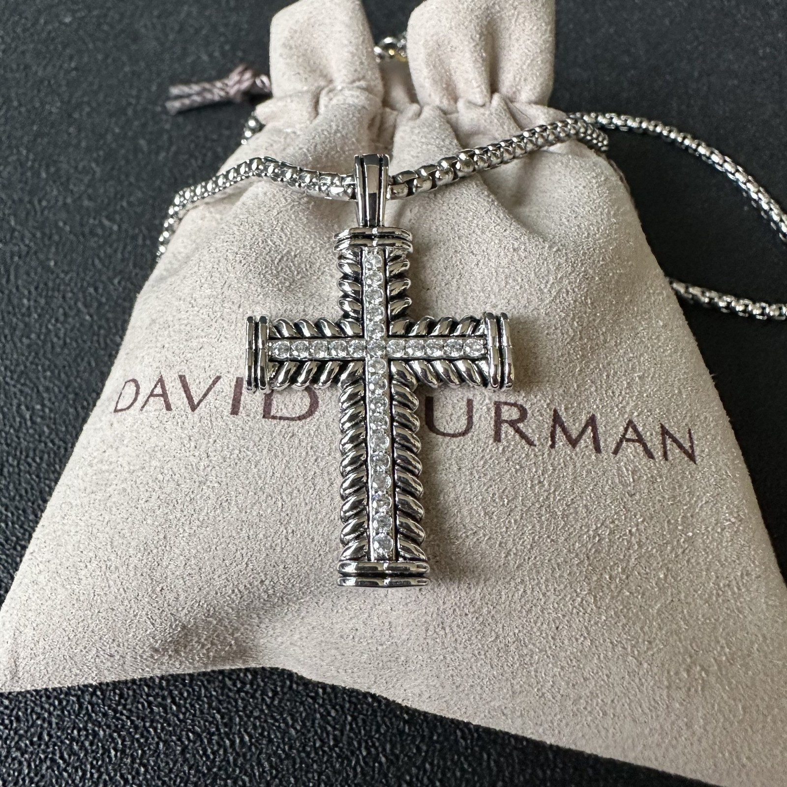 David Yurman Chevron Cross Pendant Necklace 925 Sterling Silver w/ Diamonds 19″