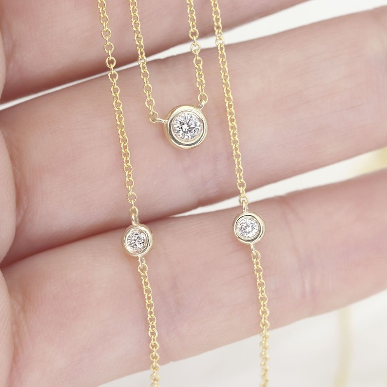 18 INCH By the Yard Station Necklace Round Natural Diamond 14k Solid Yellow Gold