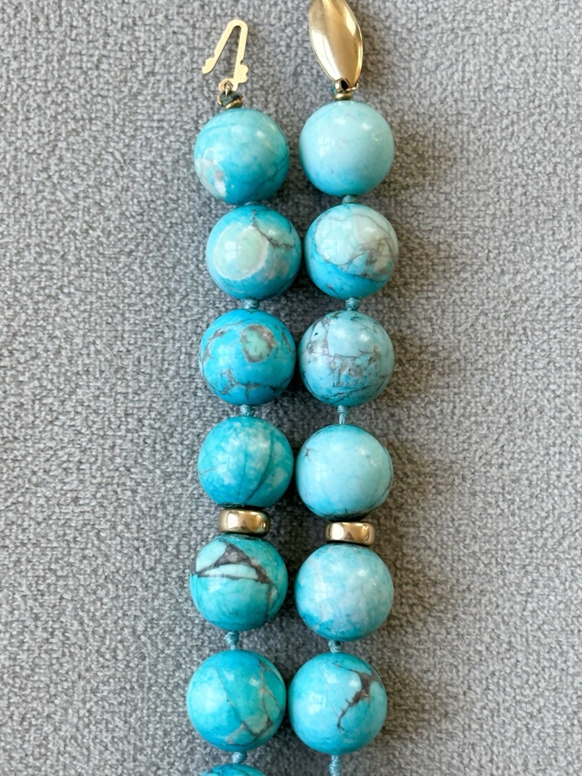 Solid 14k Yellow Gold 12mm Round Natural Turquoise Beaded Necklace 33” 159g