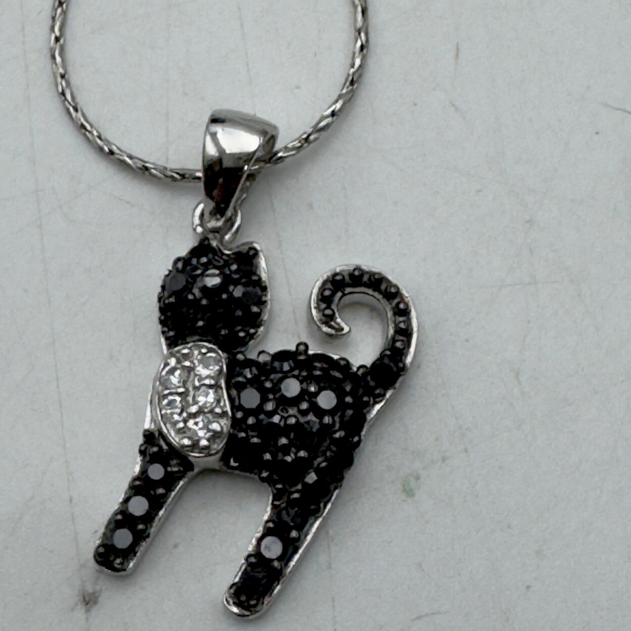 925 Sterling Silver White & Black Accent Sparkle Kitty Cat Pendant 16” Chain