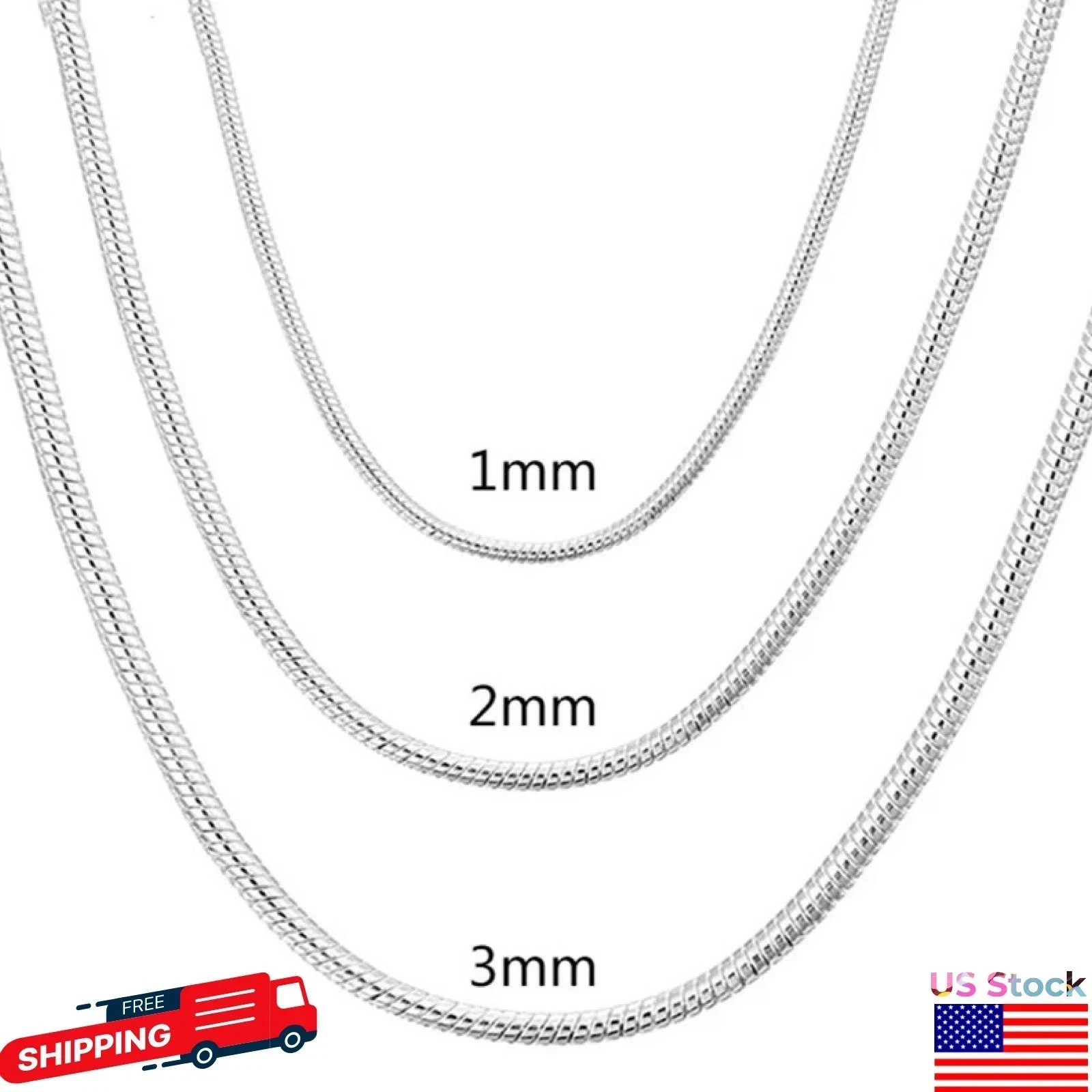 925 Sterling Silver Snake Chain Necklace 1mm 2mm 3mm Dainty Chain 40-75cm