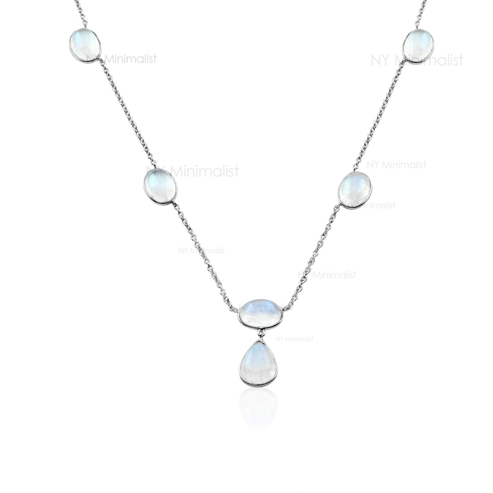 Solid 14K Yellow Gold Genuine Rainbow Moonstone Charm Necklace June Birthstone