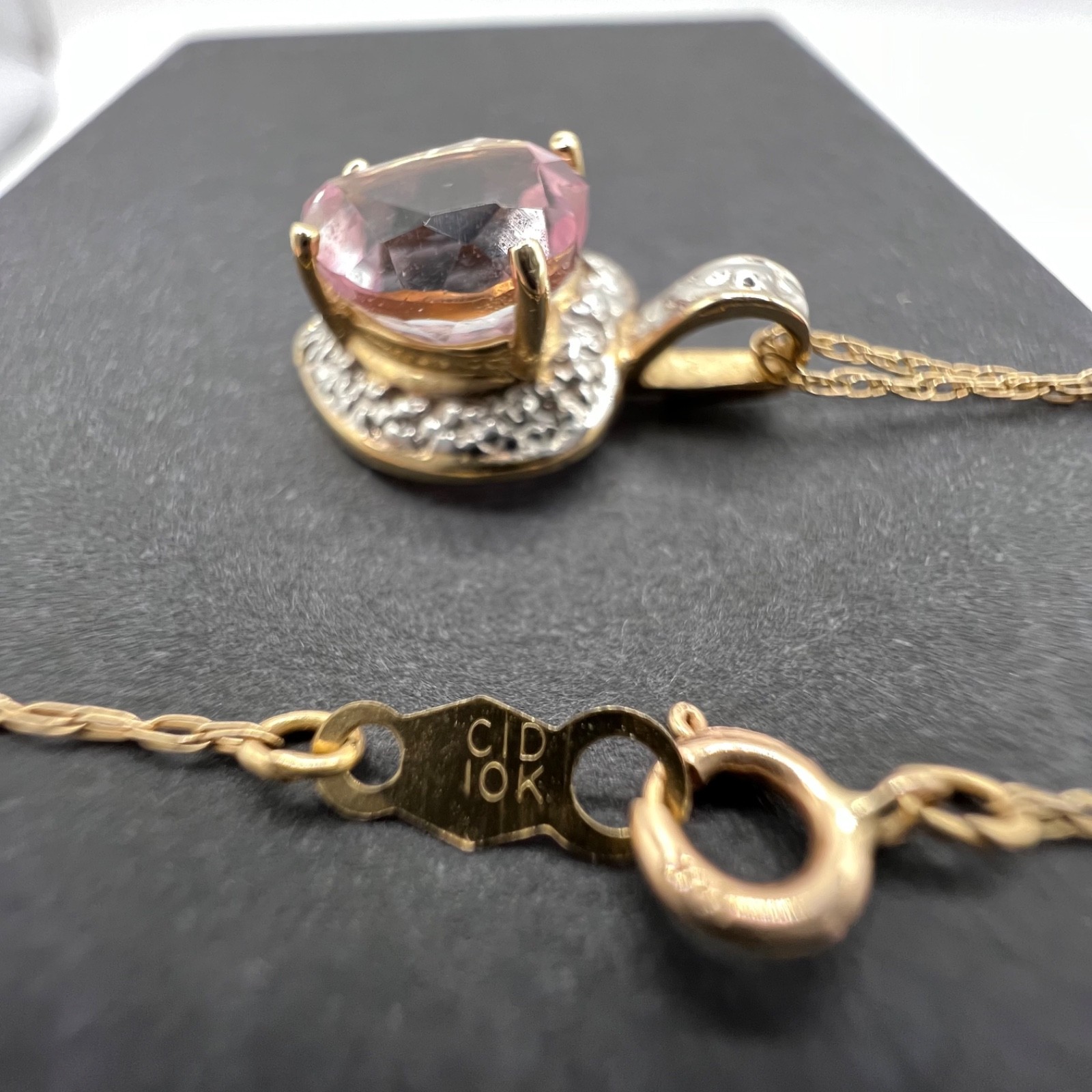 10k Solid Yellow & White Gold w/ Pink Topaz Heart Pendant and 19″ Chain Necklace
