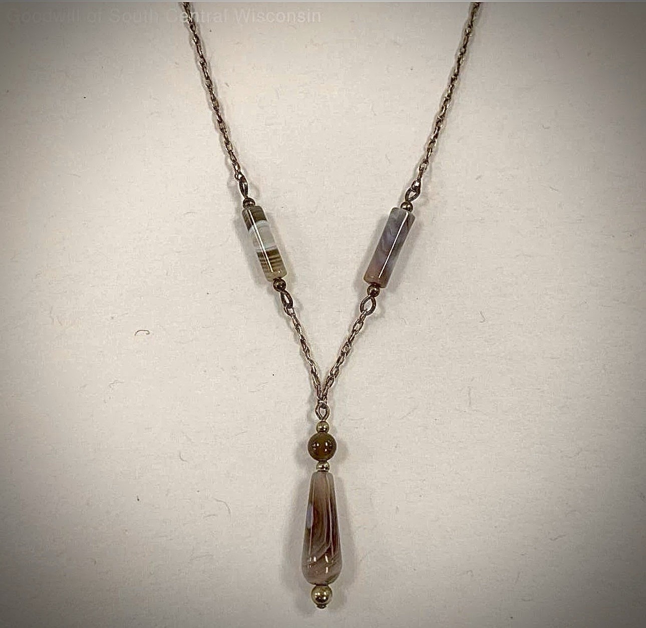 Sterling Silver 925 Muted Earth-tone Y Drop Agate Layered Stones / 18” Necklace
