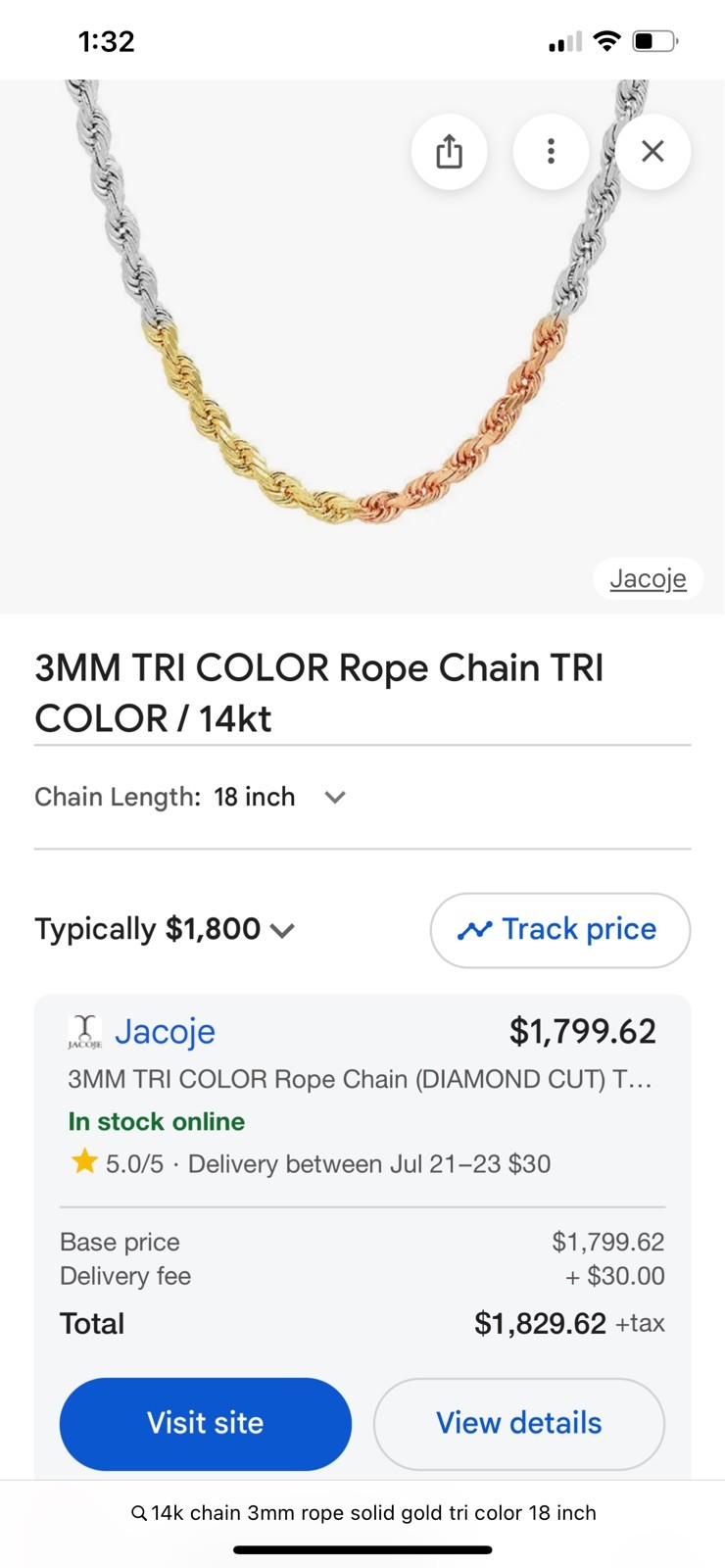 JACOJE 14k Tri-Color Gold Rope Chain Necklace 18in Lobster Clasp
