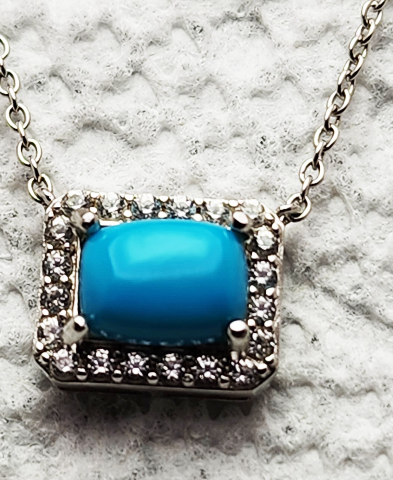 Wonderful Sterling Silver Turquoise Clear Stone Rectangle MLD 18” Necklace