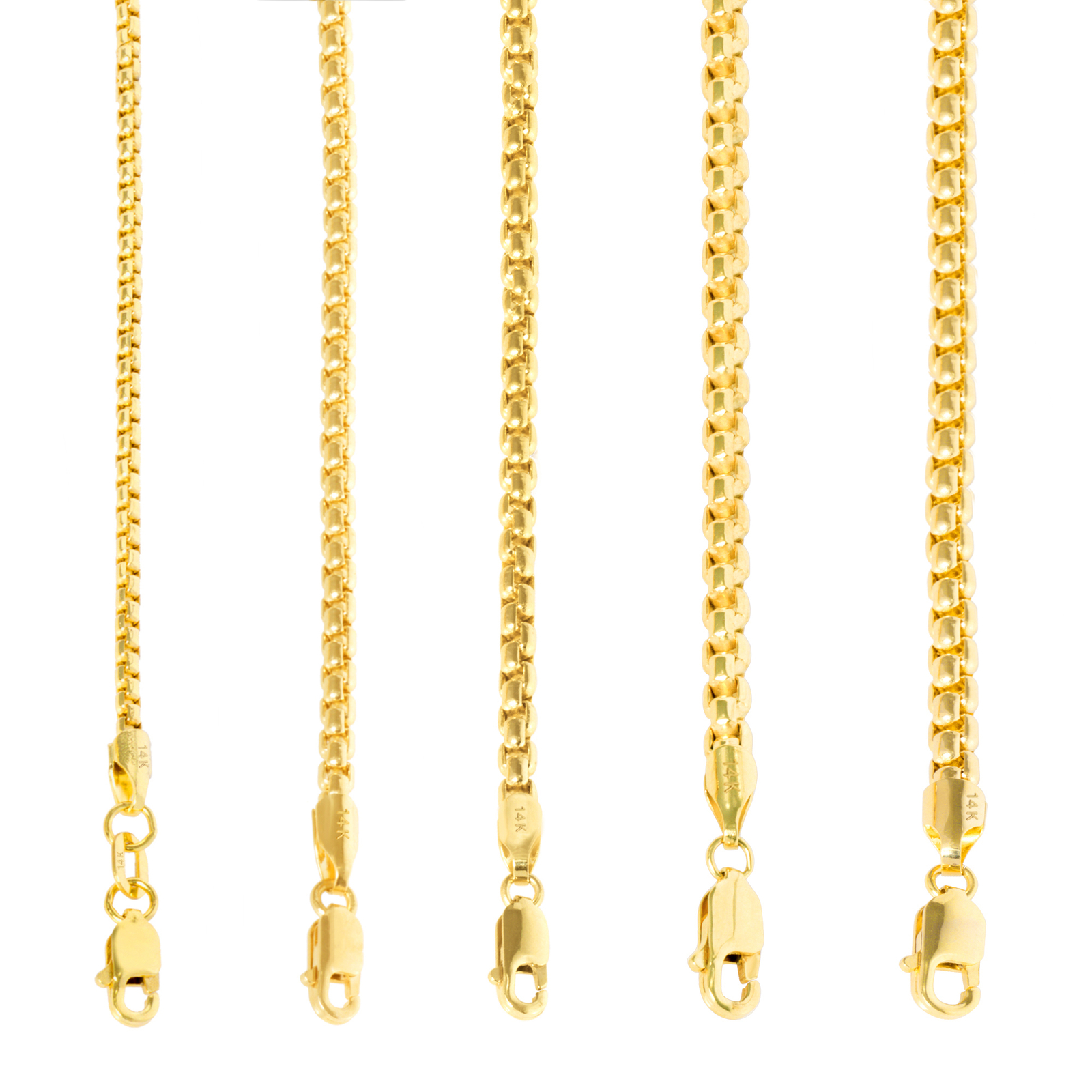 14K Yellow Gold 1.5mm-3.5mm Venetian Rounded Box Chain Link Necklace 16″- 30″