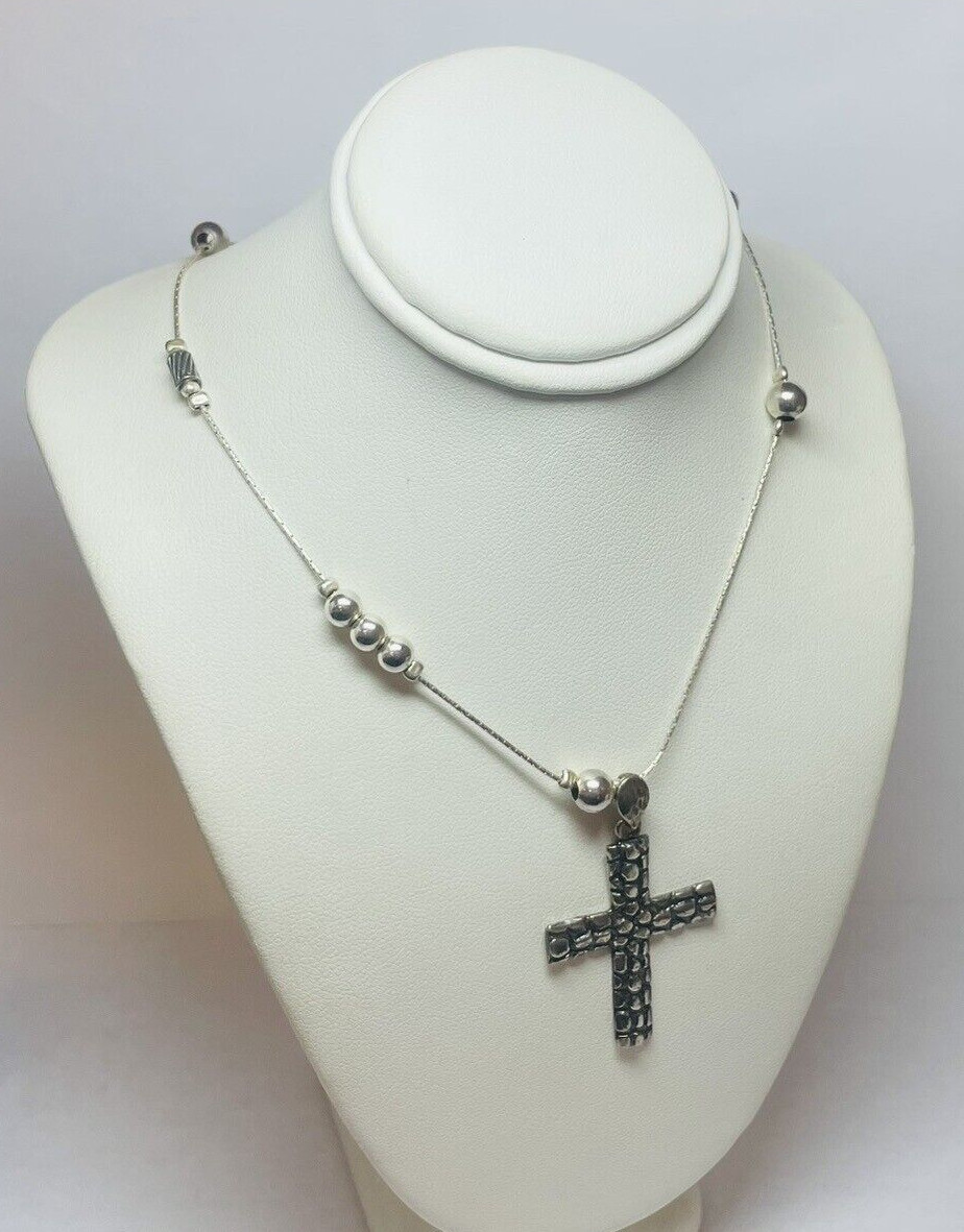 Or Paz Israel Sterling 925 Silver Station Bead Pebble Cross Necklace 36 in