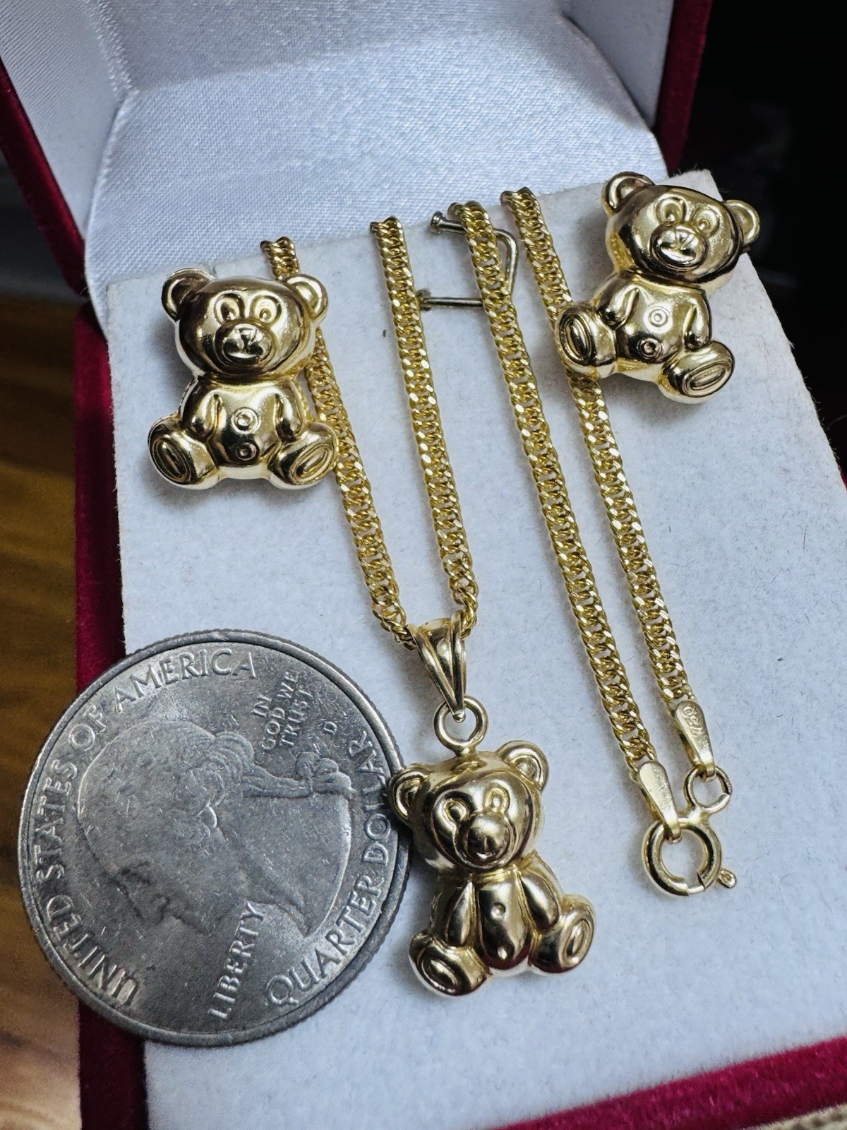 18K 750 Gold Bear Set Earring & Necklace 15.6”/16” Long 6.5g 2.2g