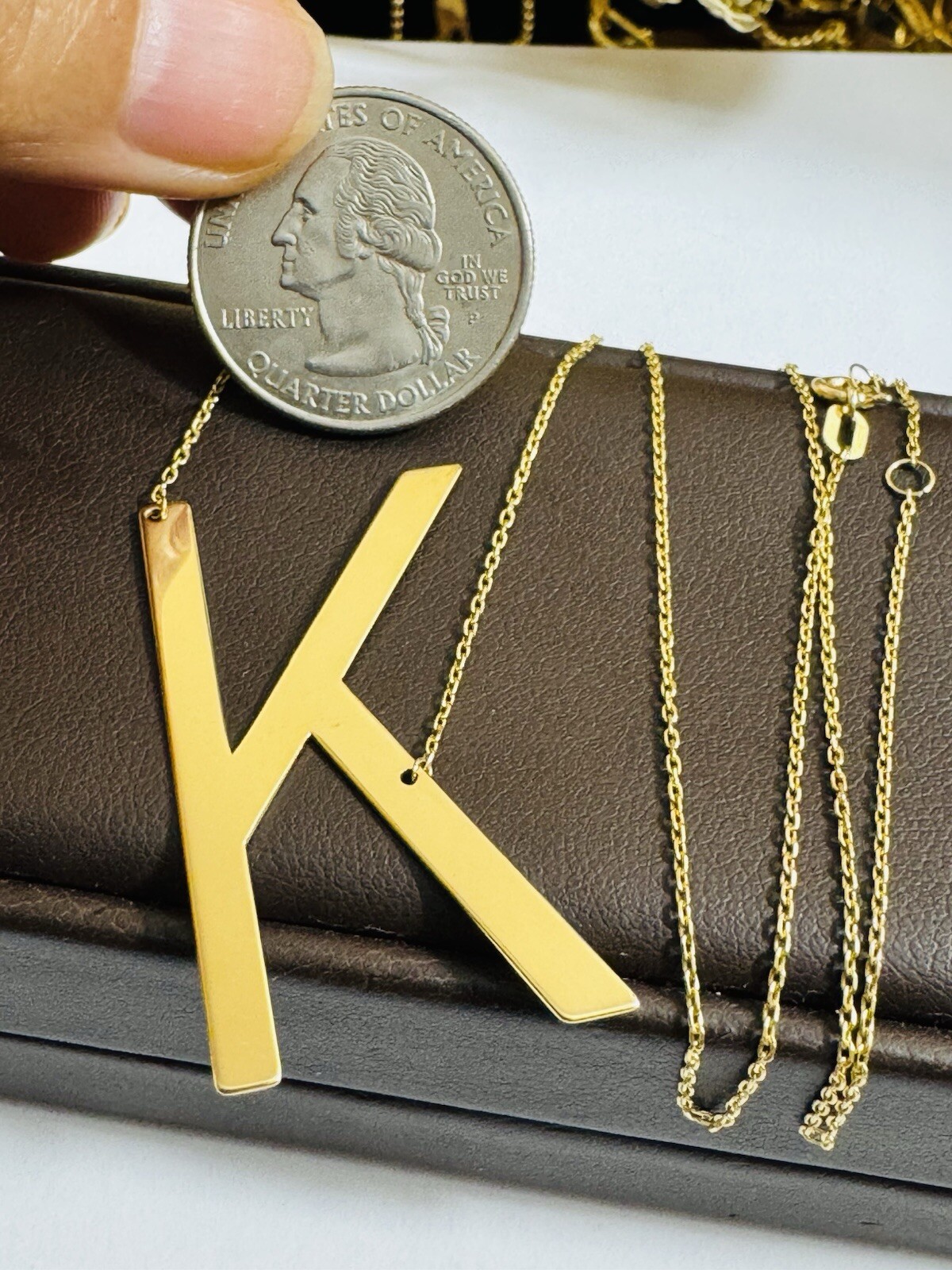 18K 750 18C Gold Letter K initial Necklace 16.5/17.5” Long 1mm 4.1g