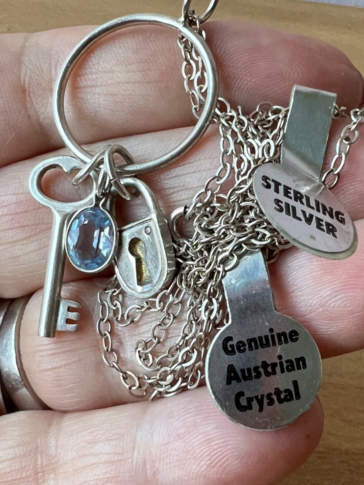 KEY, LOCK, BLUE CRYSTAL LARIAT PENDANT NECKLACE LONG CHAIN 925 STERLING SILVER