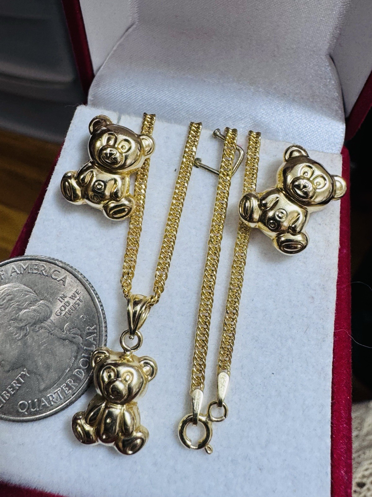 18K 750 Gold Bear Set Earring & Necklace 15.6”/16” Long 6.5g 2.2g