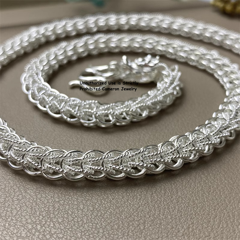 Pure 999 Fine Silver Chain Double Dragon 10mm Wheat Link Necklace 70-71g 23.6in