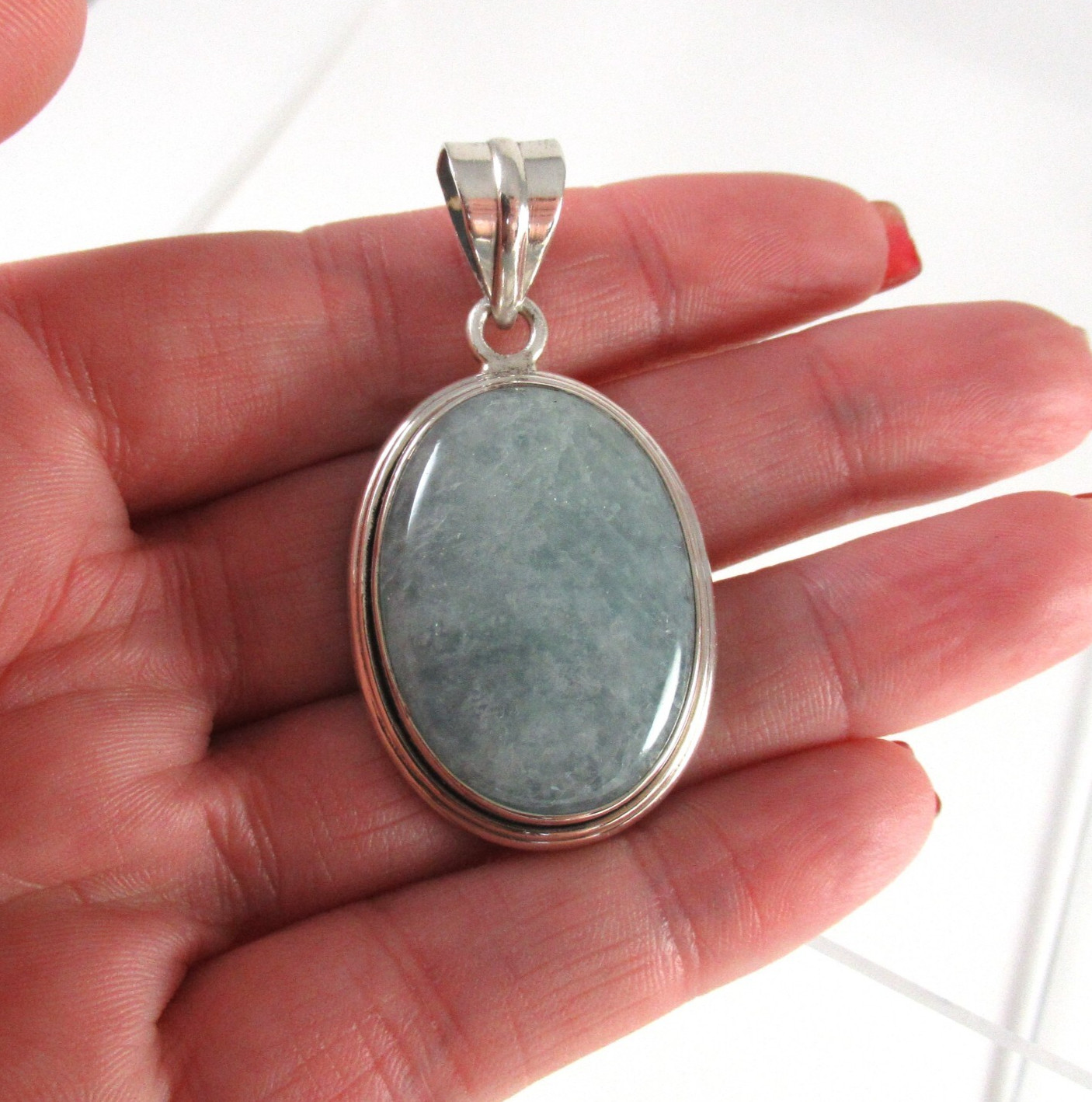 .925 Sterling Silver Amazonite Pendant Bezel Set Oval Cabochon 2″ Statement