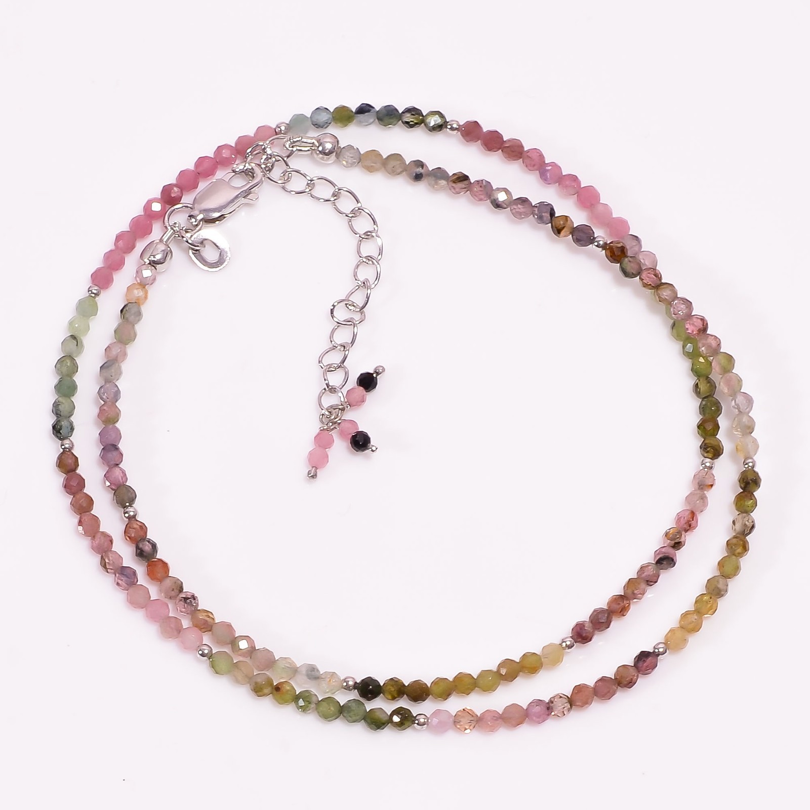 Natural Multi Tourmaline 925 Sterling Silver Beads Necklace 16-18.5″ P-931