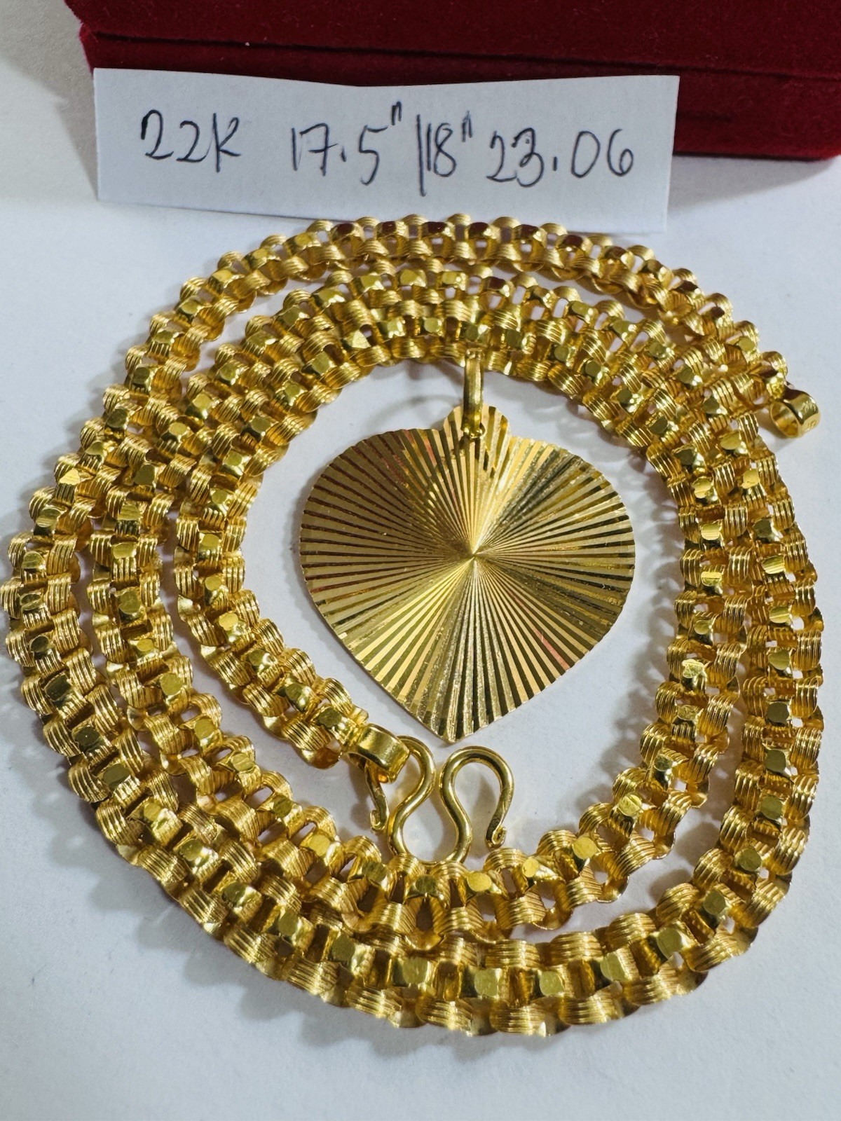 Saudi 22K 916 Real Gold 17.5/18” Long Heart Set Necklace 5.5mm 23.06g