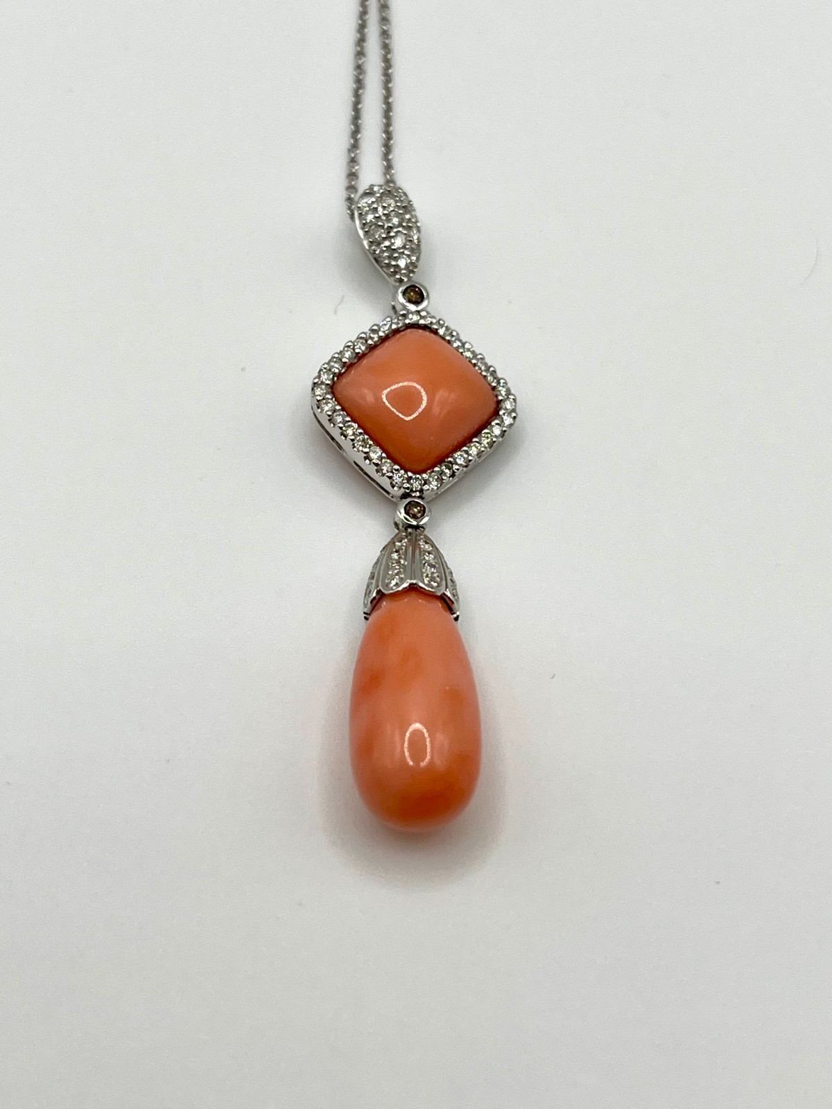 Pink Coral 18K White Gold Pendant and Necklace with Diamonds, 15″ Length