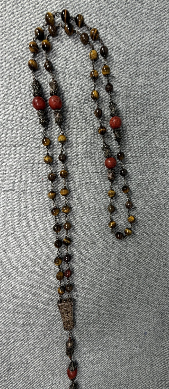 James Avery Retired Openwork Celtic Cross Tiger Eye Coral Bead Necklace 925