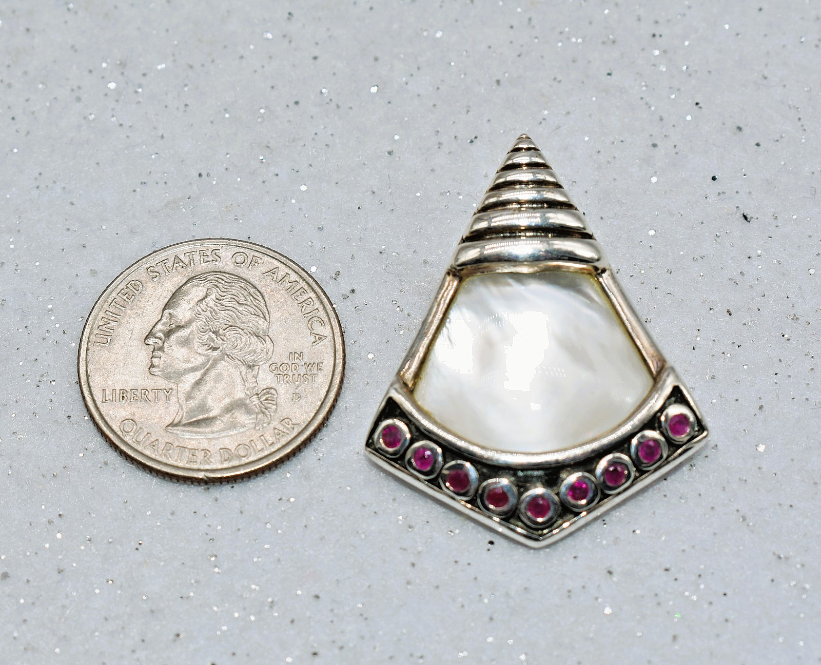 Mother of Pearl & Rubies Sterling Silver Thailand Pendant 1-1/2 inch
