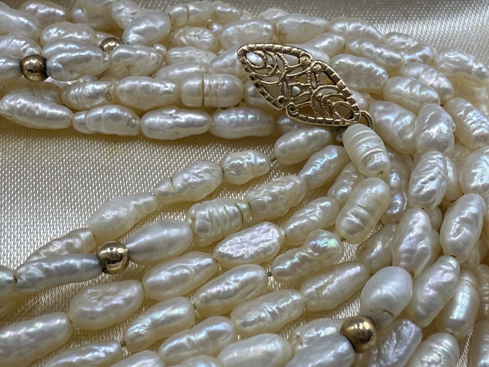 14k Yellow Gold Pearl Multi Strand 32in Necklace 67.13g CLASSY Vintage Ladies