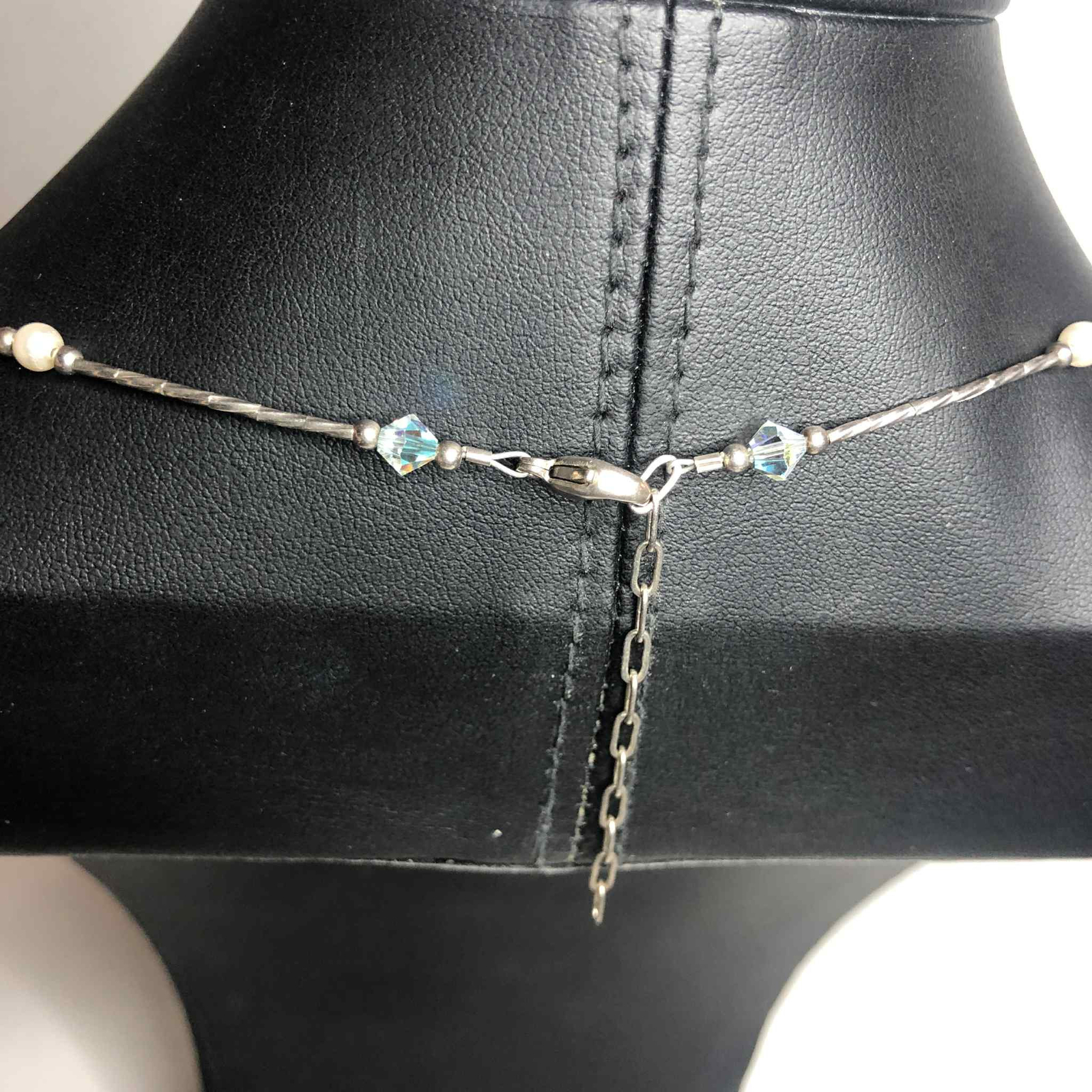 5499 Sterling signed 925 AB crystal faux pearl station tassel necklace 9.6g 20″