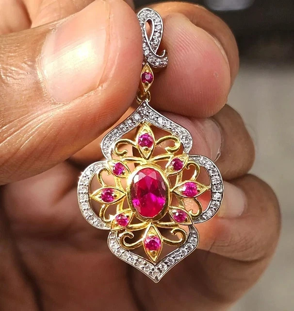 3Ct Oval Cut Lab-Created Pink Ruby Women’s Fancy Pendant 14k Yellow Gold Plated