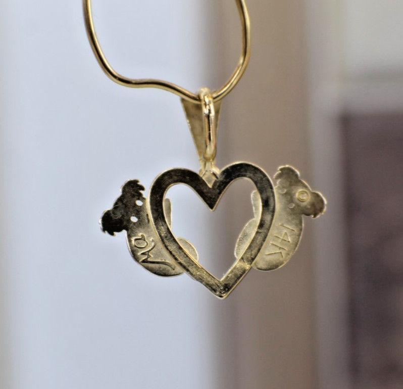 Solid 14K Yellow Gold Koala Heart Charm Pendant Australia In Love Pair
