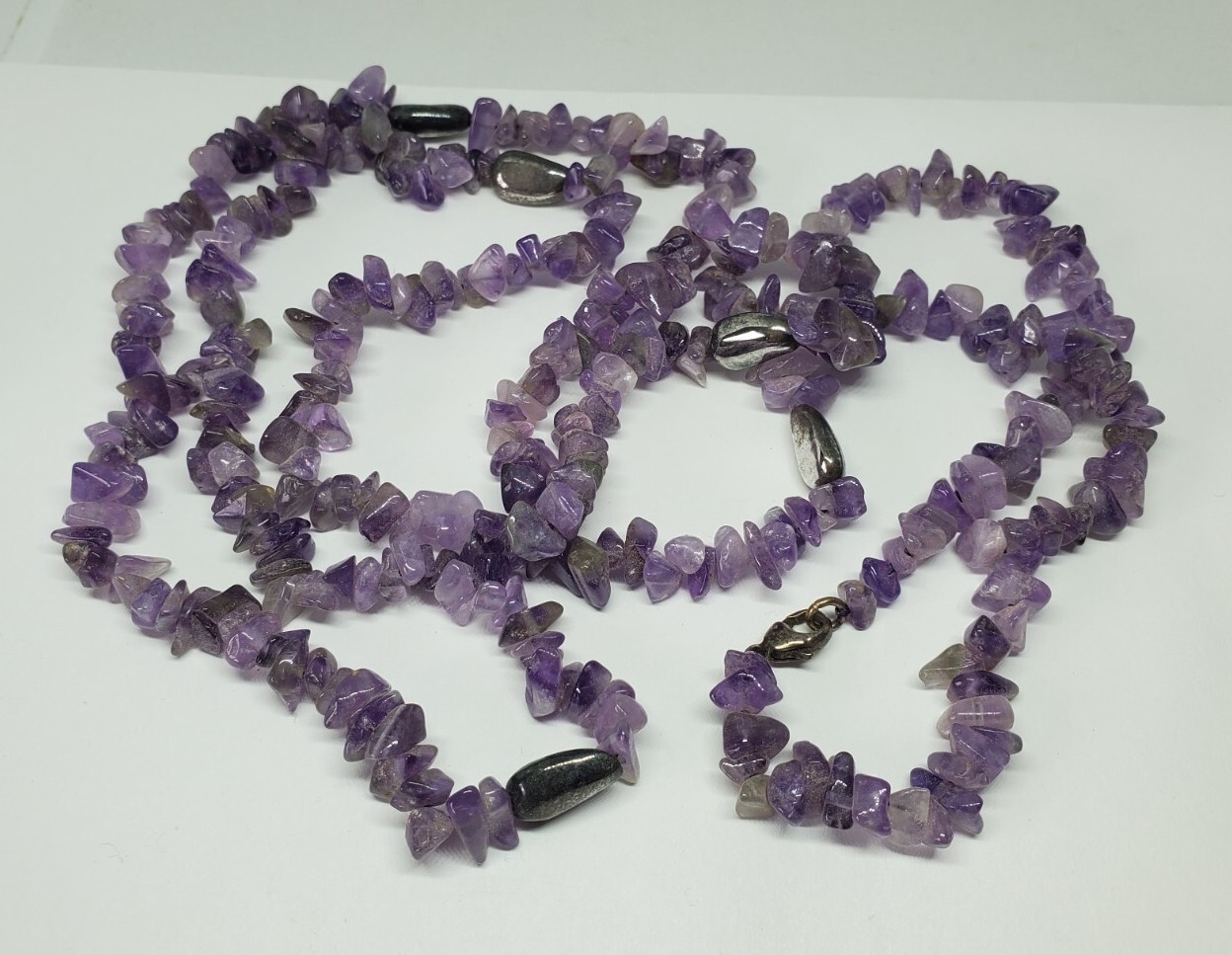 Amethyst Chip Asymmetrical Sterling Silver Long Beaded Necklace 40″