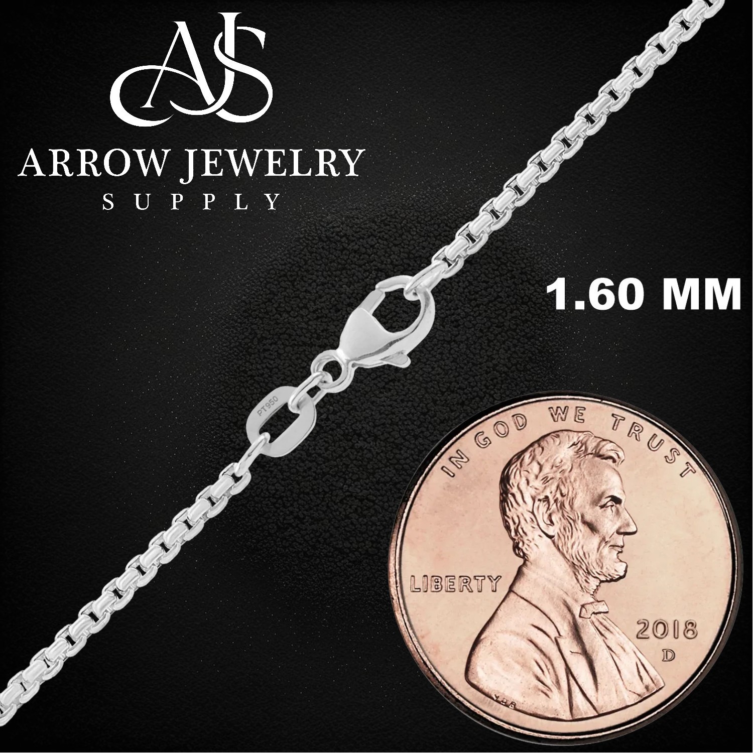 Round Box 950 Platinum Chain Necklace Widths 1.6mm, 2.7mm, and 3.2mm
