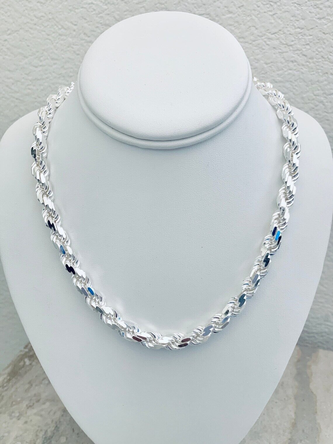 Solid 925 Sterling Silver Italian Rope Chain Mens Necklace 8mm Diamond Cut