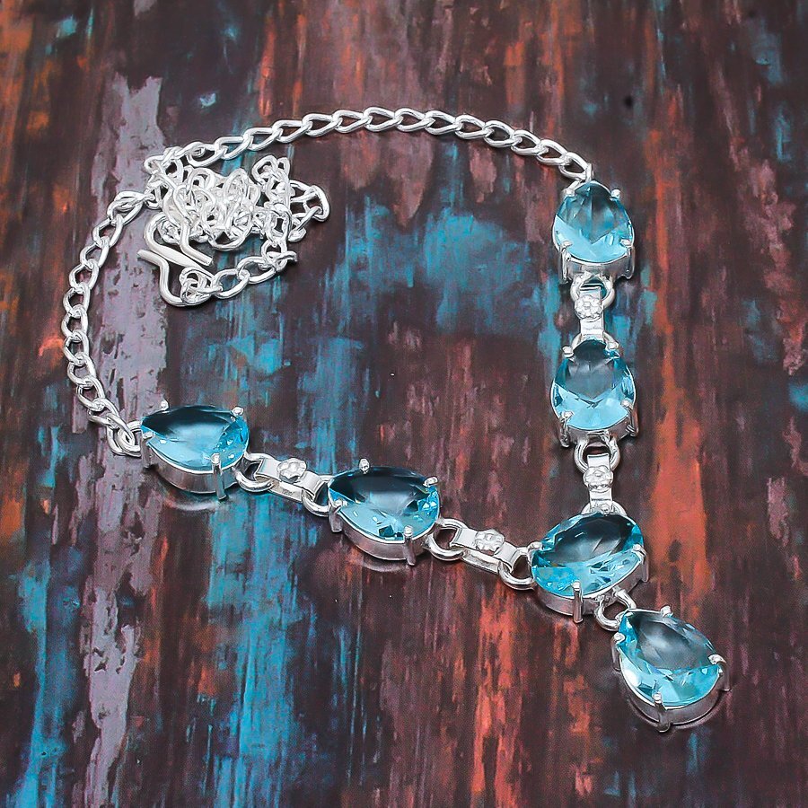 Swiss Blue Topaz Gemstone Handmade Gift Jewelry Necklace 18″ I686