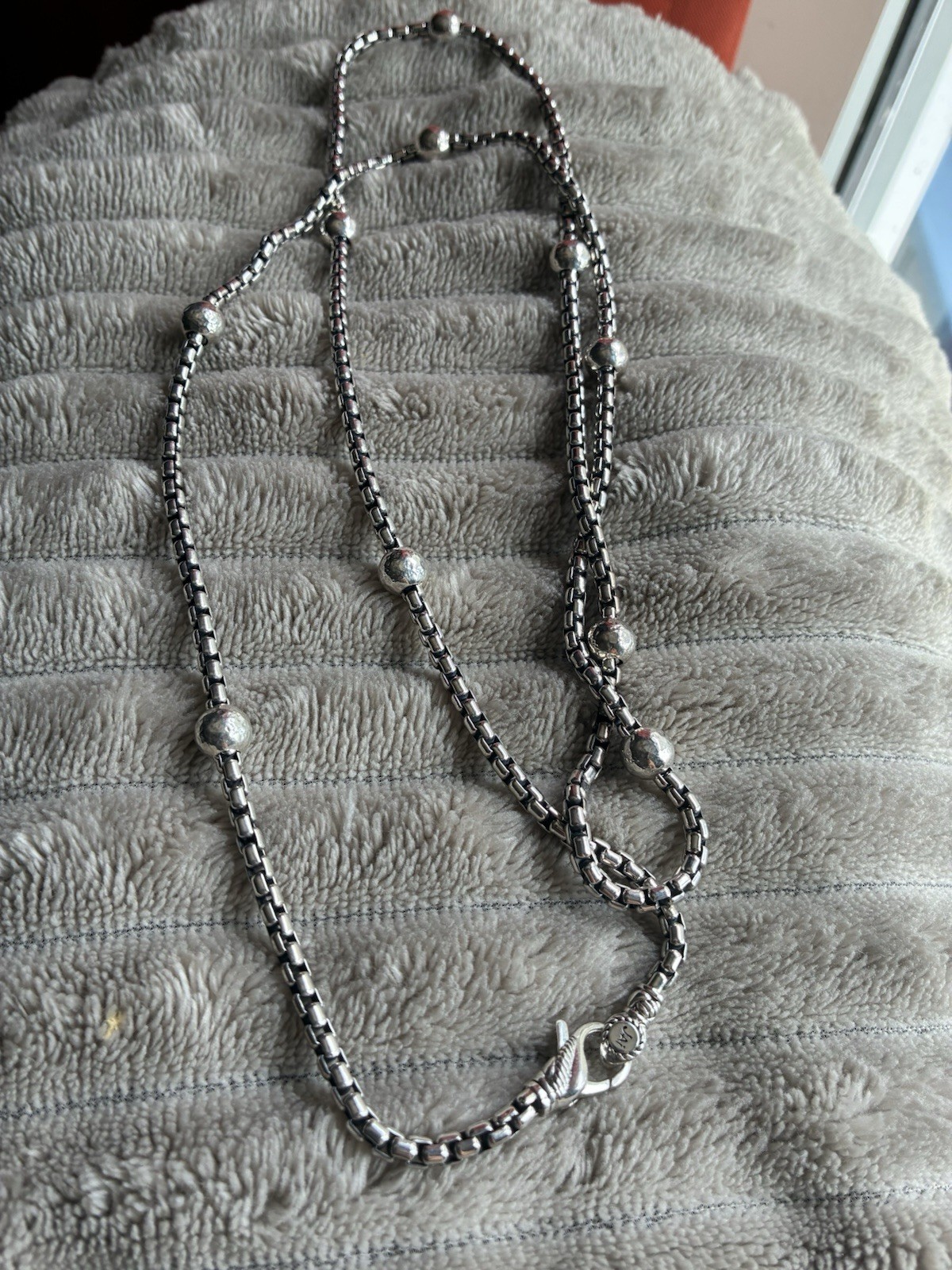 JAI Sterling Silver Box Chain Bead Station Necklace 24″