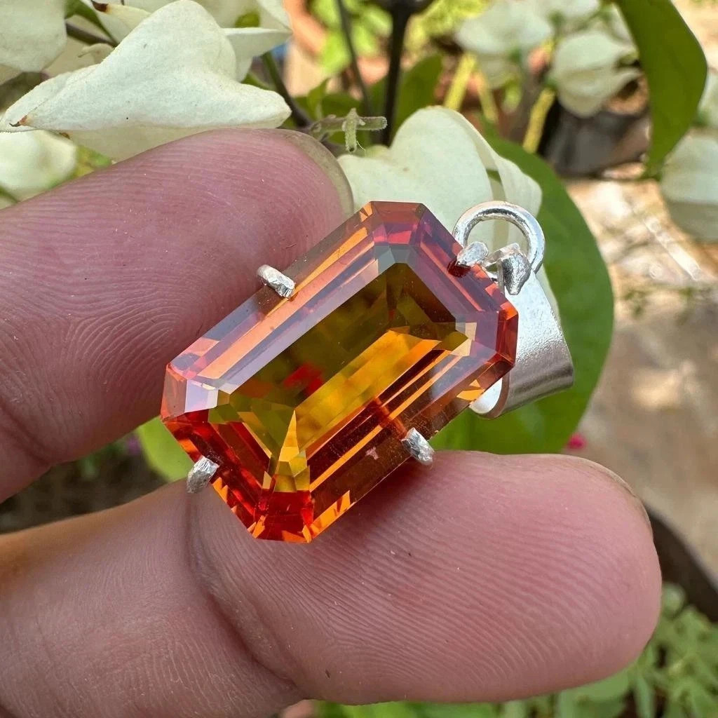 Natural 30 Ct Orange Sapphire Emerald Cut 925 Solid Silver Pendant Gemstone