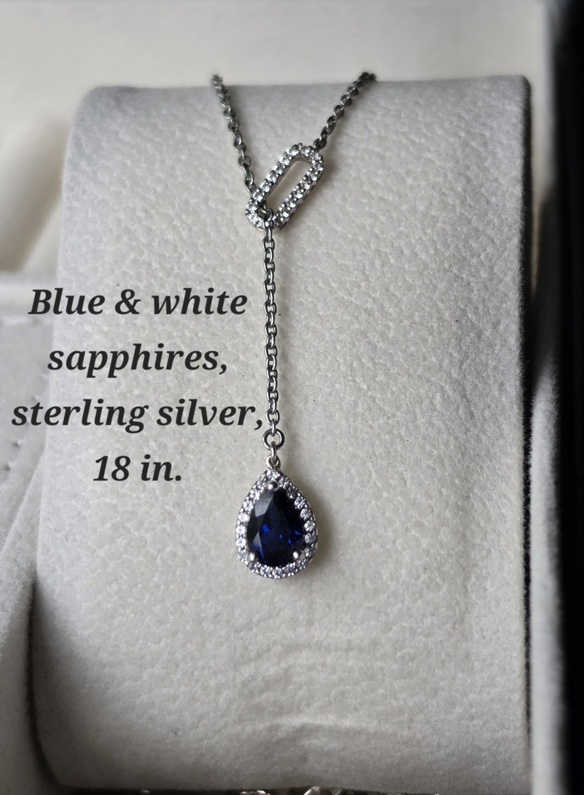 Blue Sapphire pear shaped necklace with white sapphires 18in. sterling silver