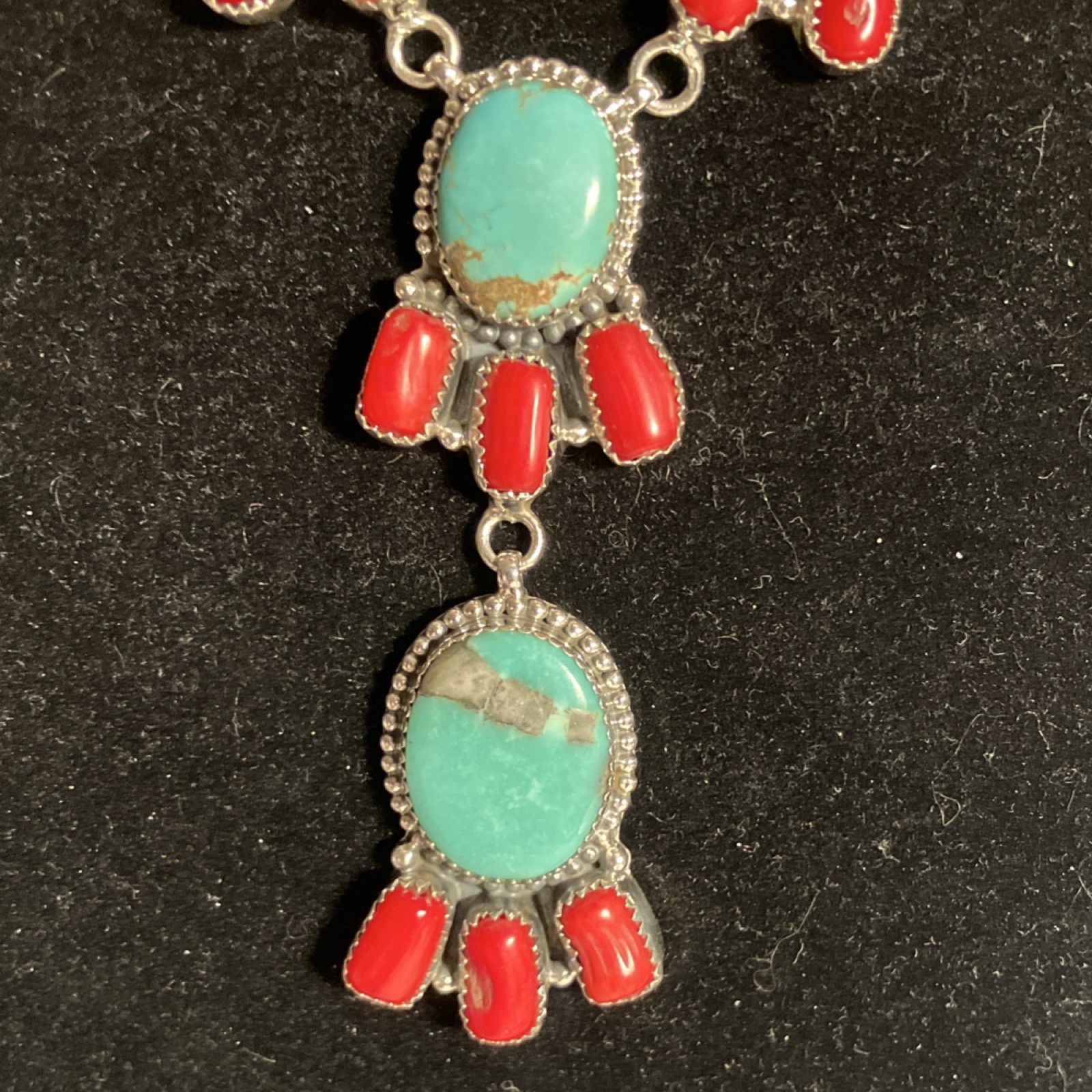 Natural Turquoise & Mediterranean Coral Bezel Set Lariat 18” Necklace 39gm Red