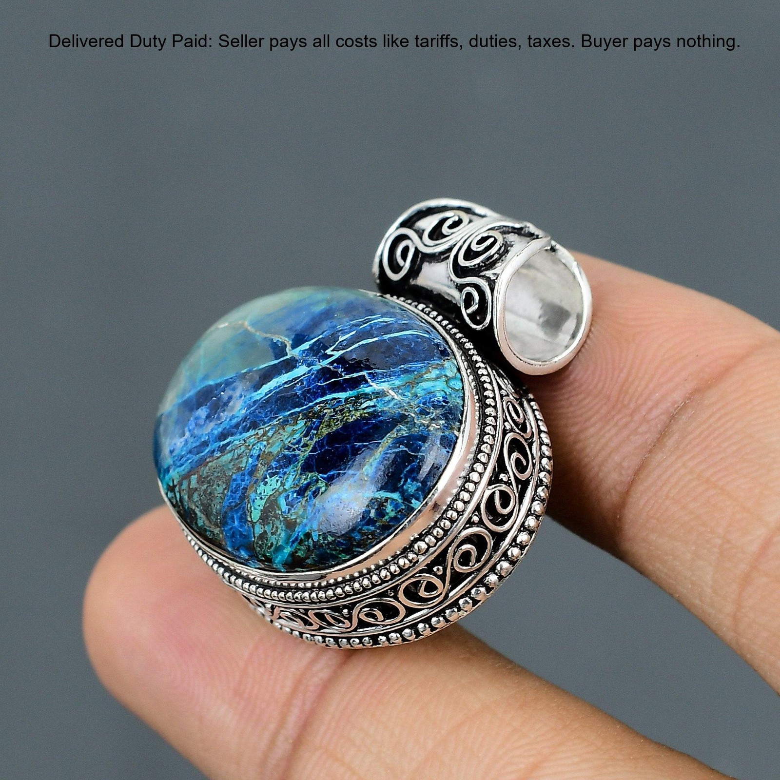 925 Sterling Silver Azurite Malachite Gemstone Unique Vintage Engagement Pendant