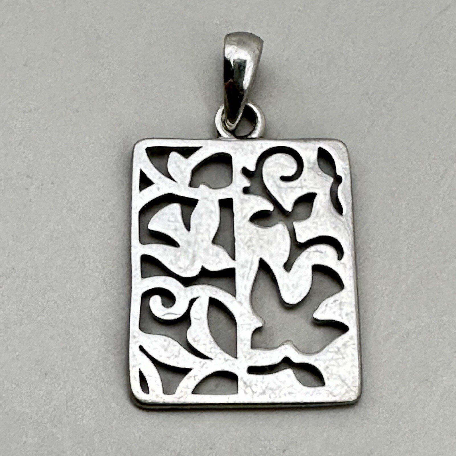 Flying Birds Rectangular Pendant 925 Sterling Silver Cut Out Open Work Leaves