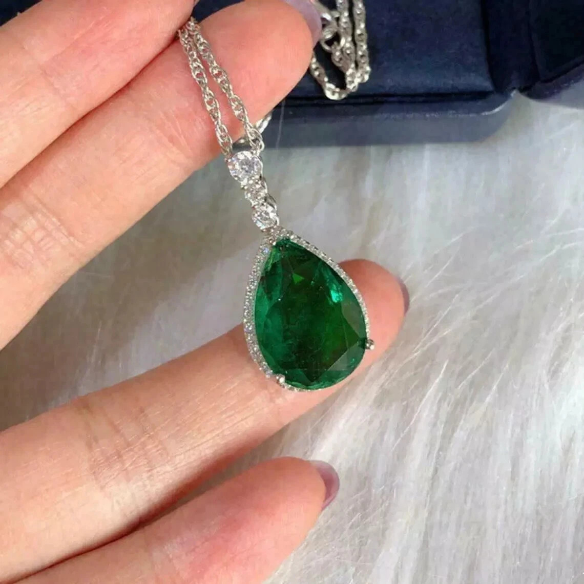 3Ct Pear Cut Green Emerald Women’s Halo Pendant 14K White Gold Finish