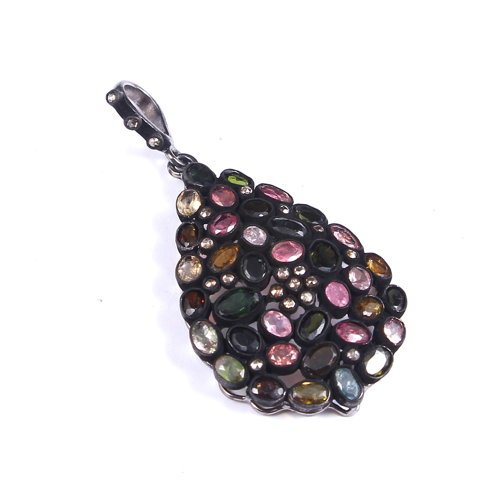Natural 20pcs Rose Cut Diamond Tourmaline Pendant Necklace 925 Sterling Silver