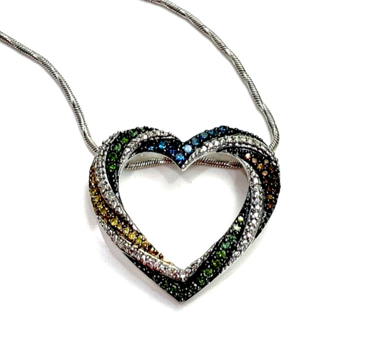 14KTW/SS Green, Blue, Cognac, Yellow & White Diamond Pendant .75 Carats NWOT