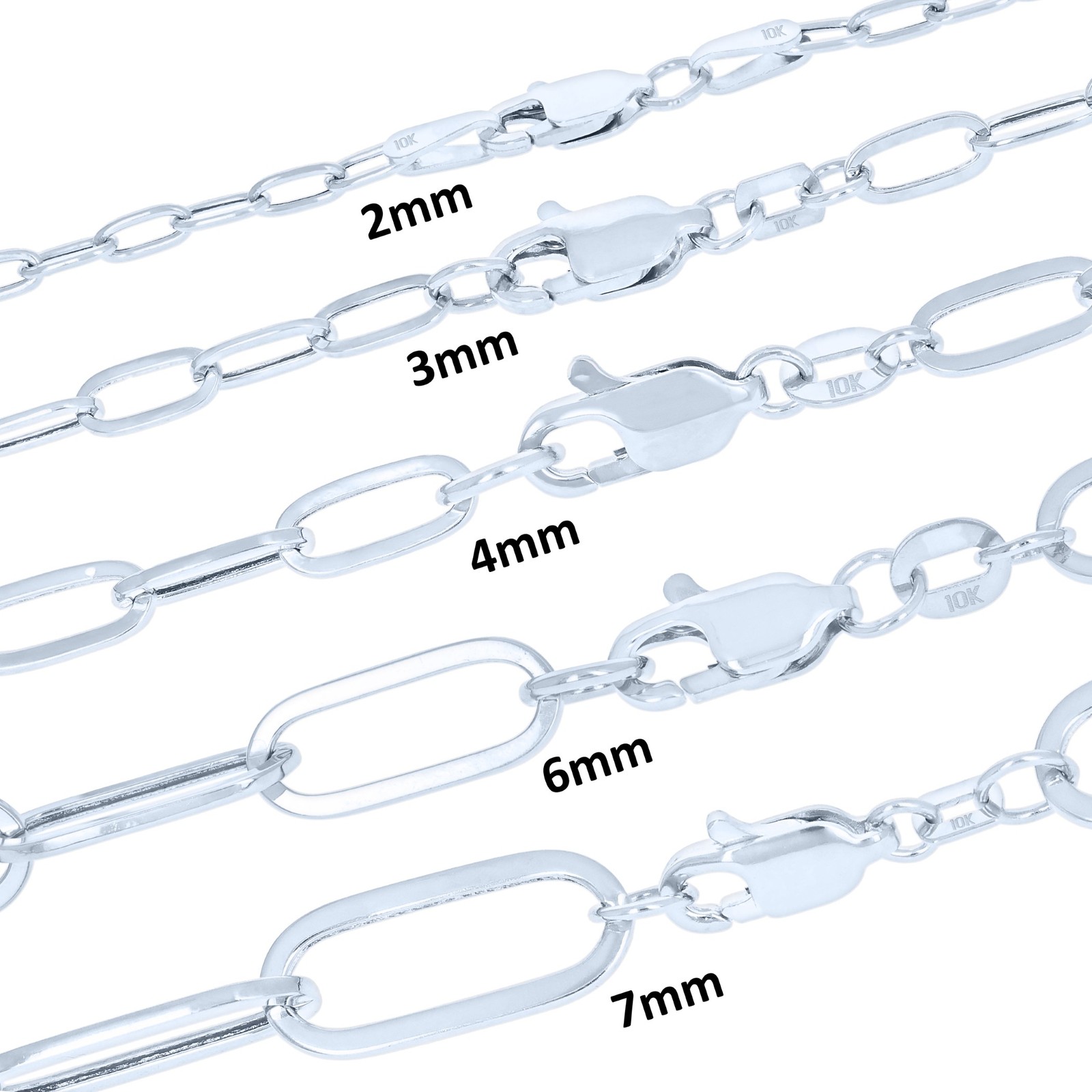 10k White Gold Paperclip 2mm-7mm Cable Chain Bracelet Necklace Mens Women 7″-24″