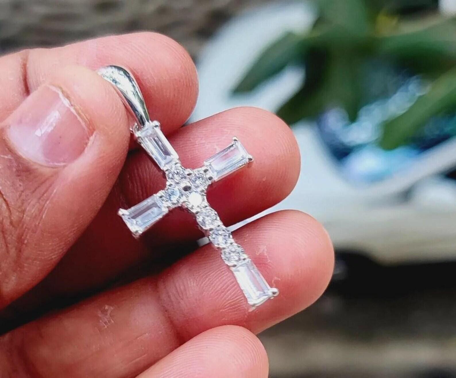 1 Ct Lab Created Baguette Moissanite Cross Shape Pendant 14K White Gold Plated
