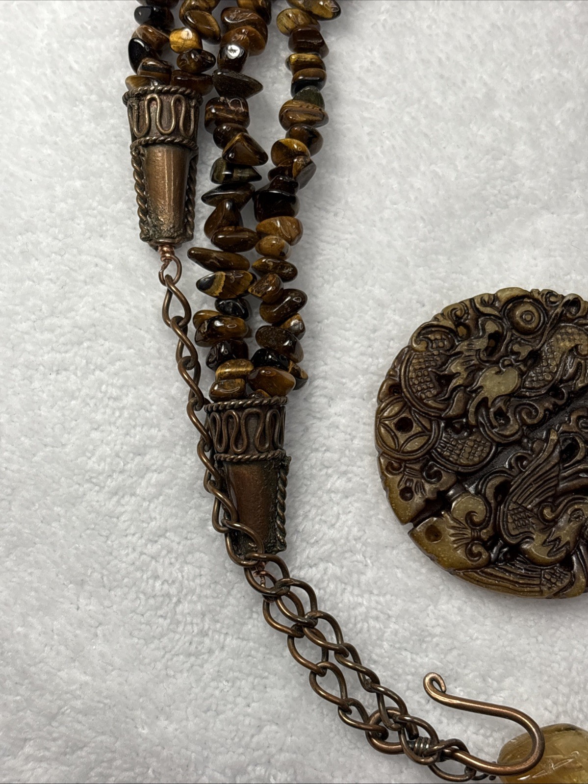 Dragon Pendant Tiger’s Eye Stone Polished Chip Bead Necklace Statement Jewelry